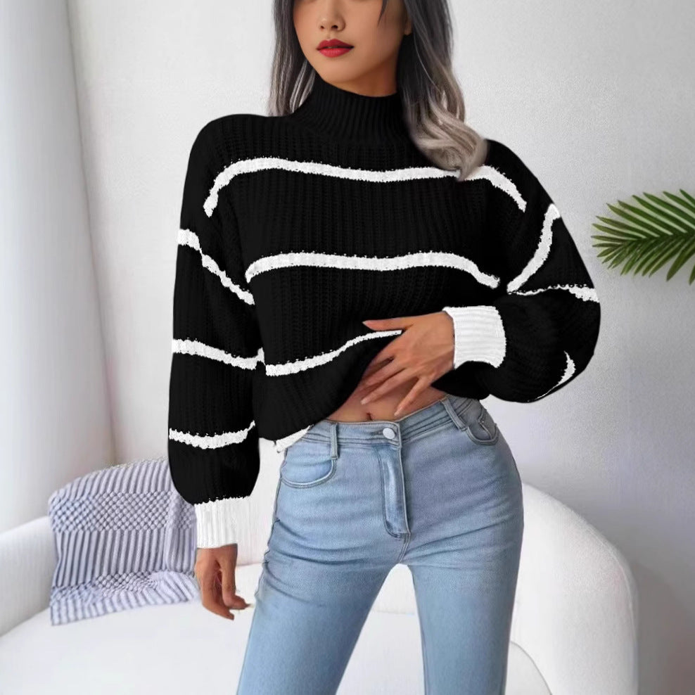 Women's Chunky Striped Mock Neck Balloon Sleeve Sweater