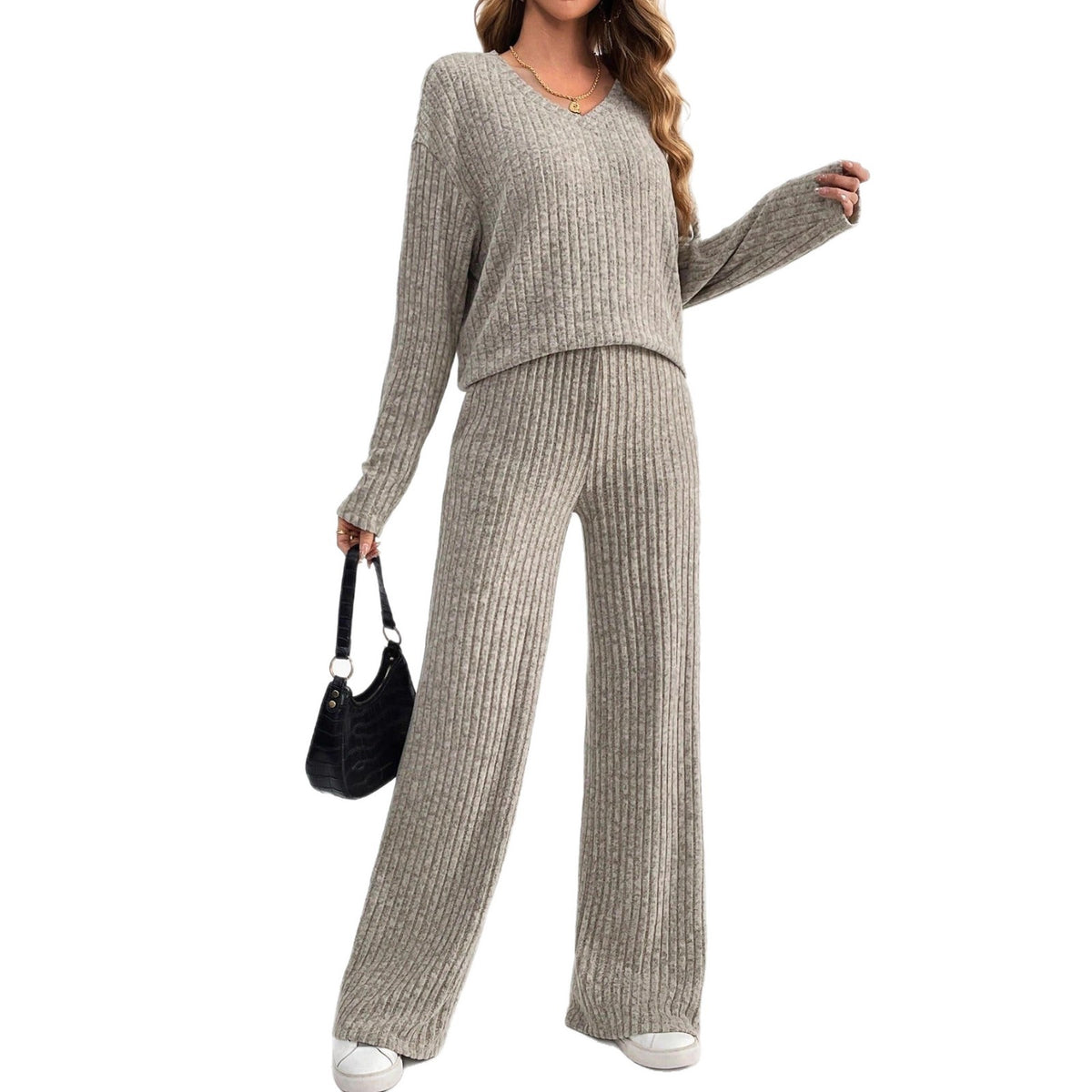 Women's Ribbed Knit V-Neck Top & Pants Two Piece Set