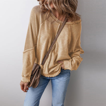 Oversized Crewneck Sweatshirt Exposed Seam Waffle Knit