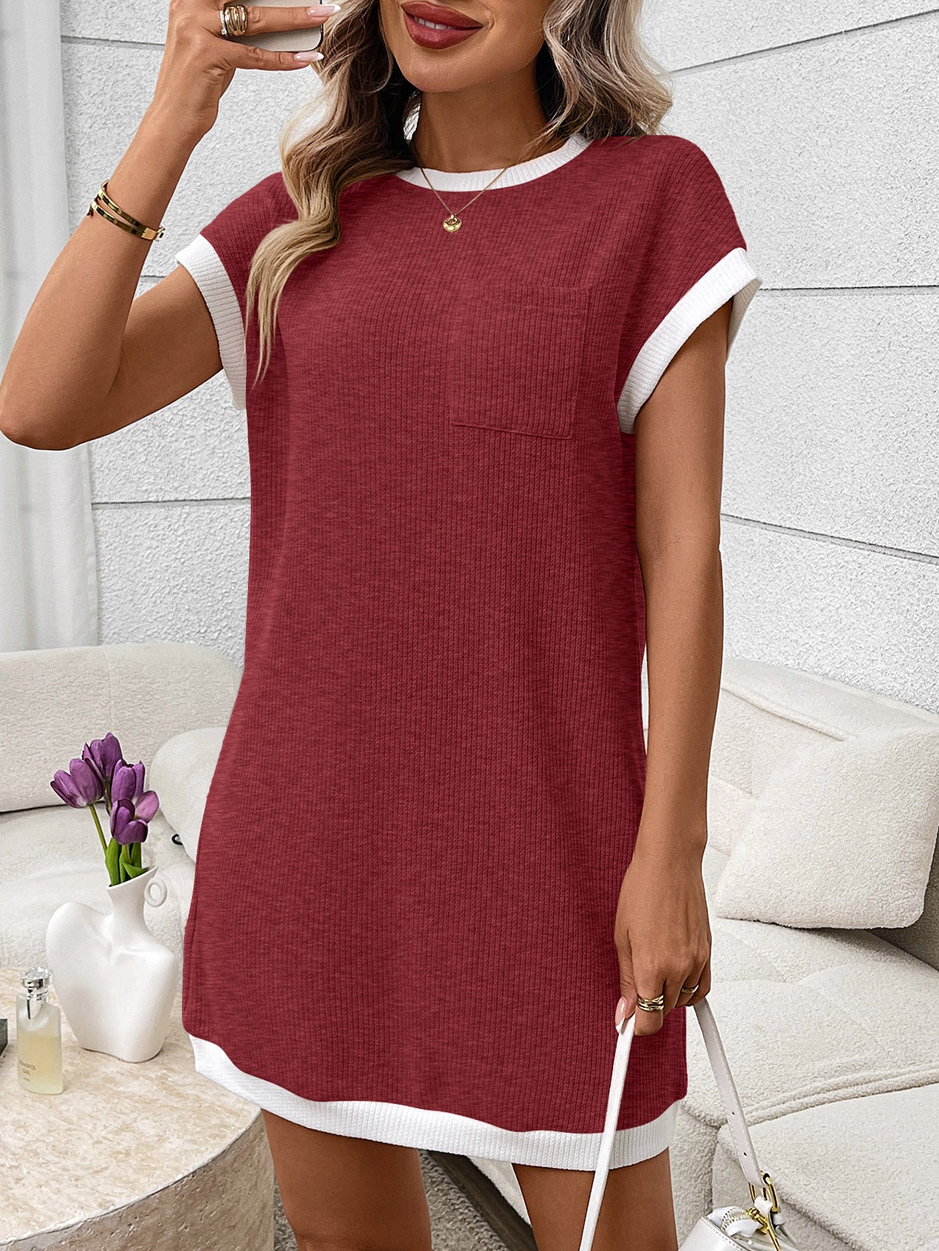 Navy Contrast Trim Pocket T Shirt Dress Casual Shift