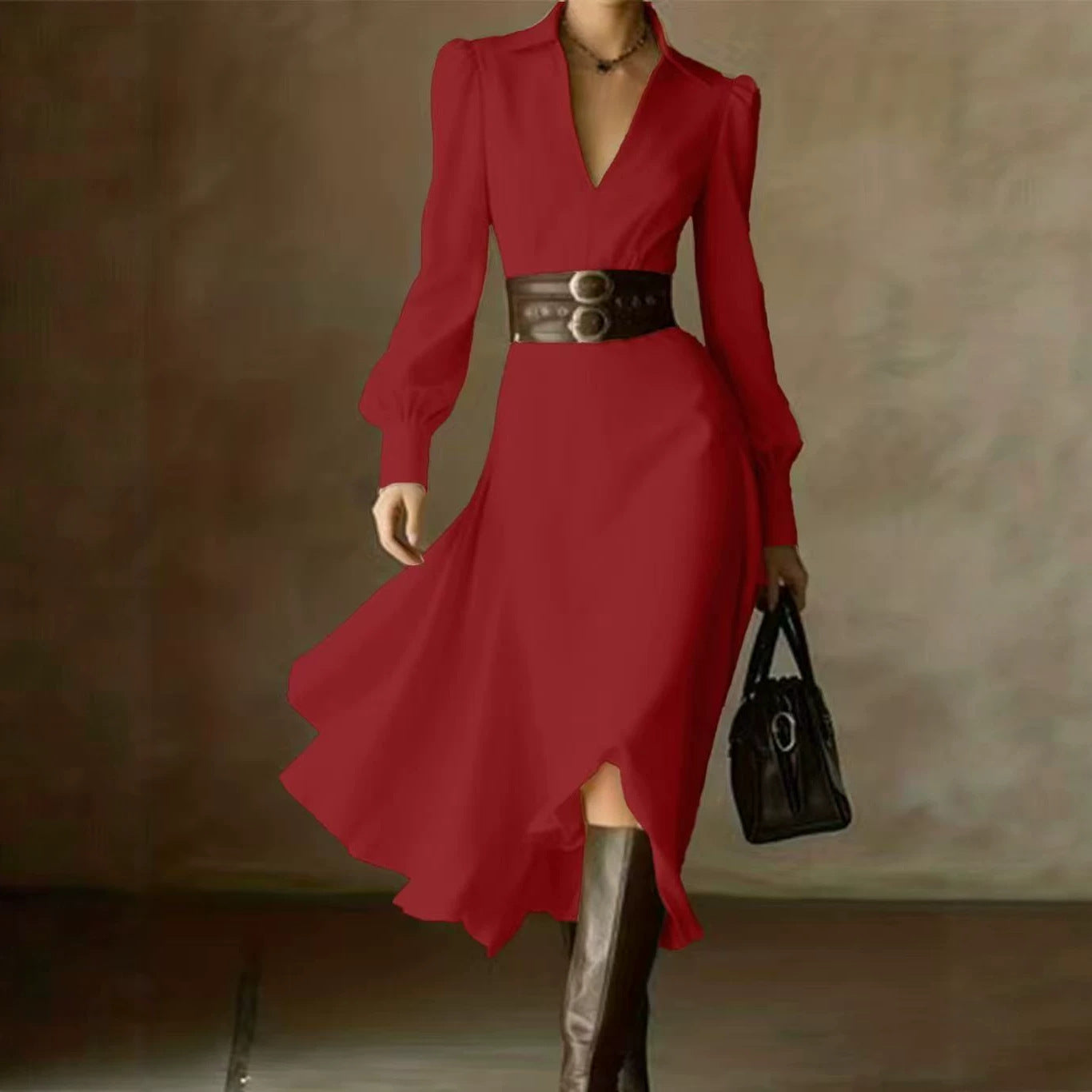 Women's White Collared Long Sleeve Pleated Maxi Dress