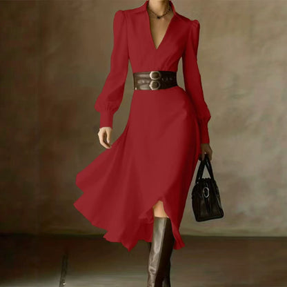 Women's White Collared Long Sleeve Pleated Maxi Dress