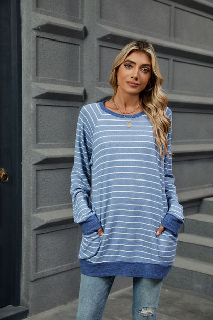 Women's Striped Color Block Long Sleeve Pocket Tunic