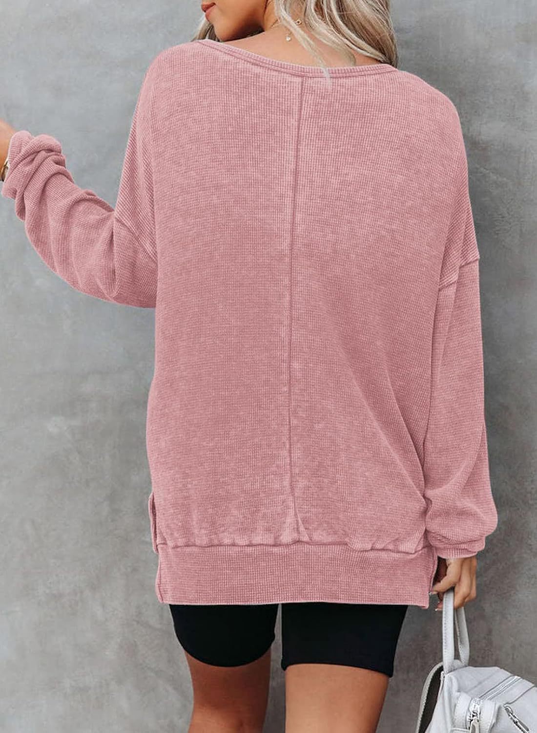Waffle Split Hem Sweatshirt Women Casual Long Sleeve Top