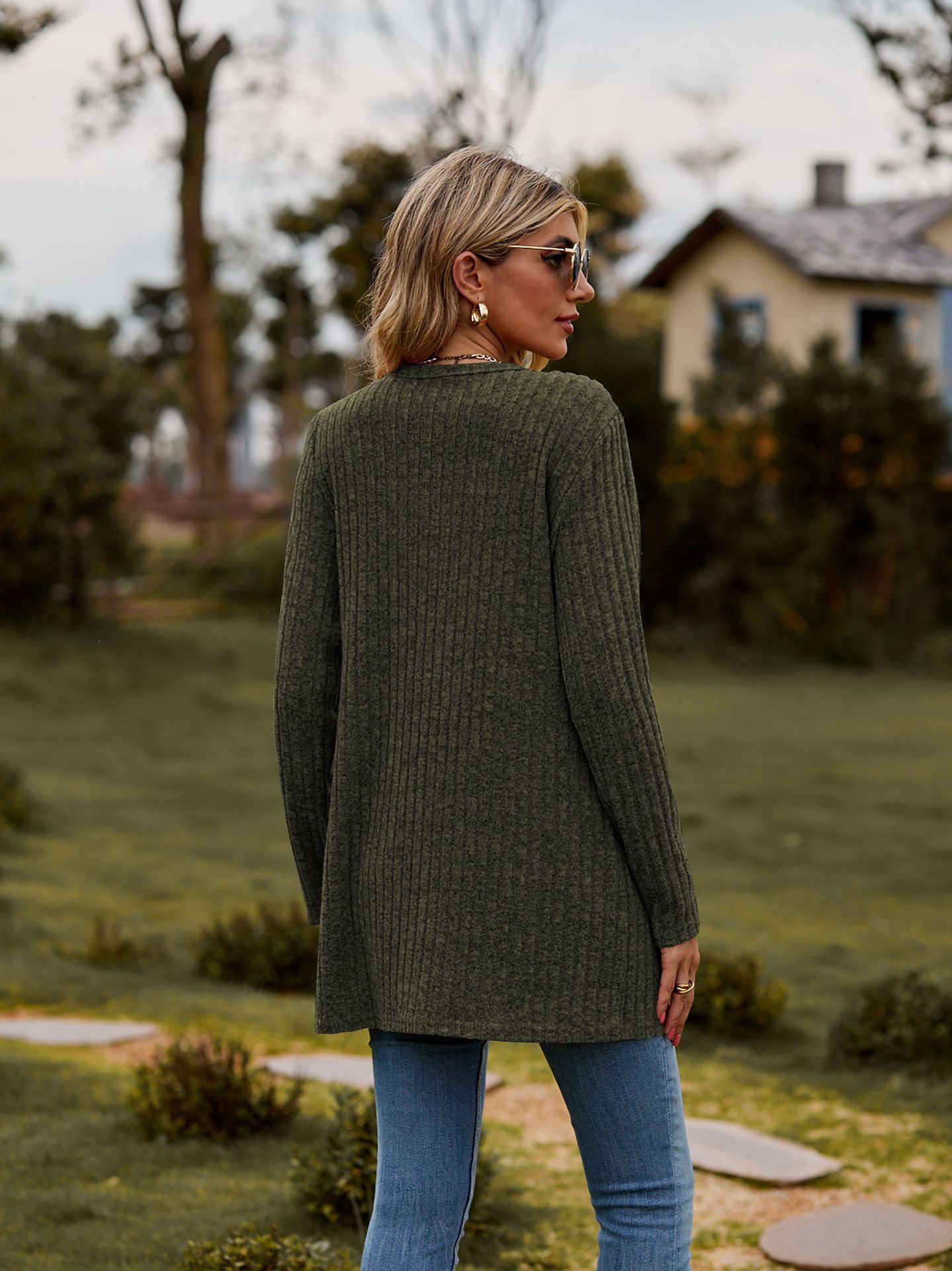 Ribbed Knit Cardigan Long Sleeve Button Pocket Sweater