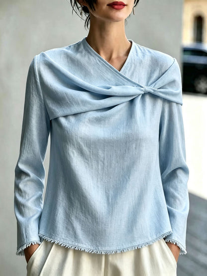 Women's Cotton Linen Cowl Neck Long Sleeve Blouse