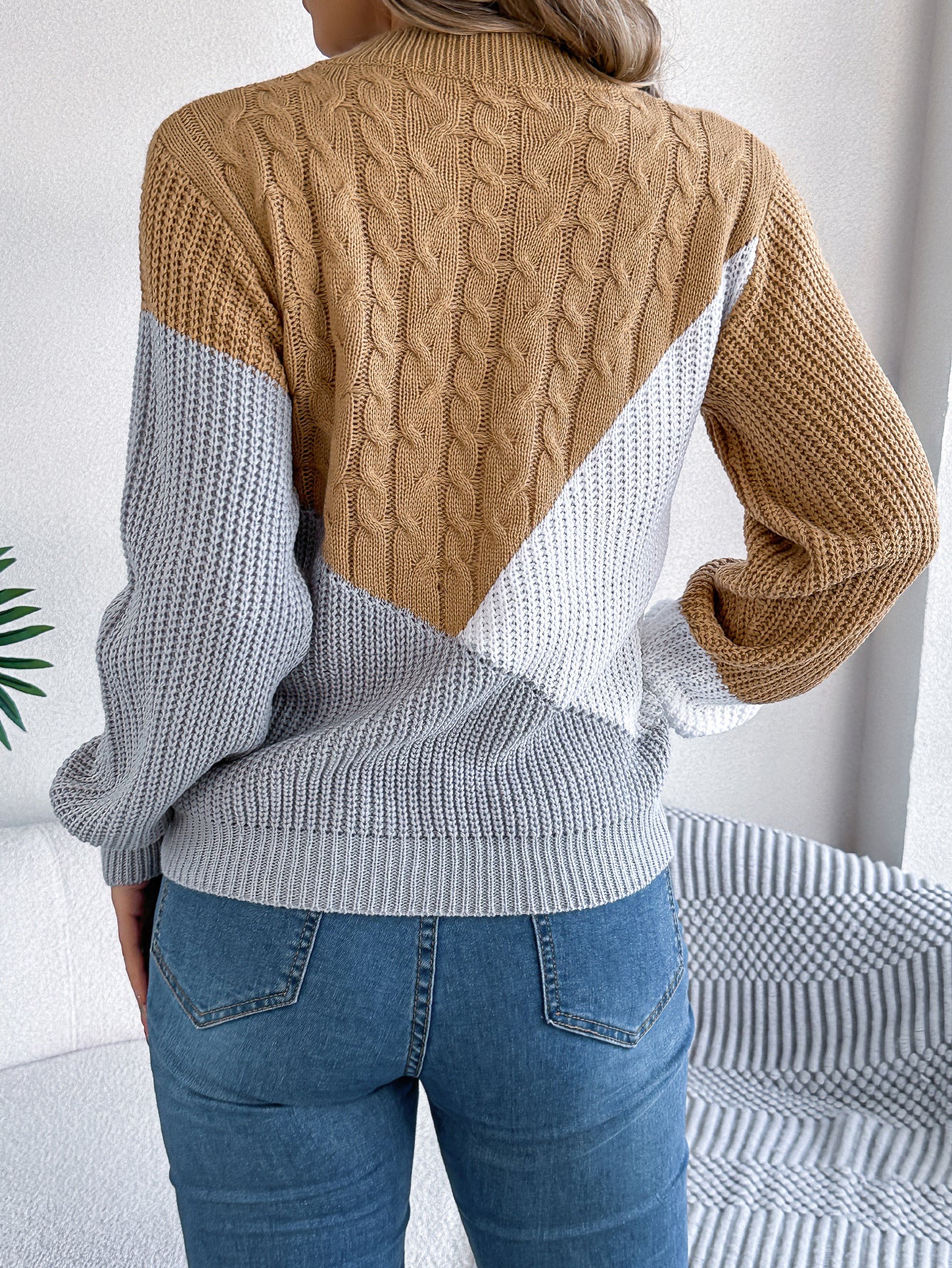 Colorblock Cable Knit Sweater – Casual Fall Winter Pullover