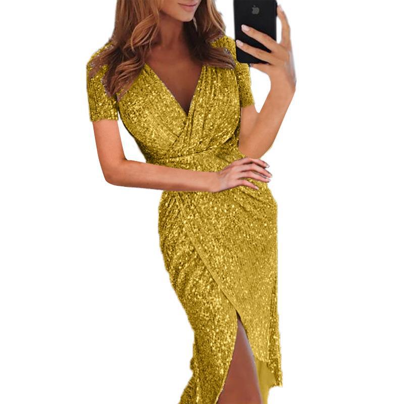 Sequin Long Sleeve V-Neck Bodycon Slit Midi Cocktail Dress