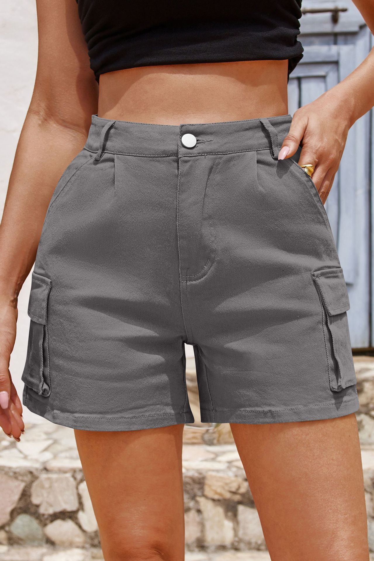 High-Waisted Slim-Fit Cargo Shorts with Pockets for Women