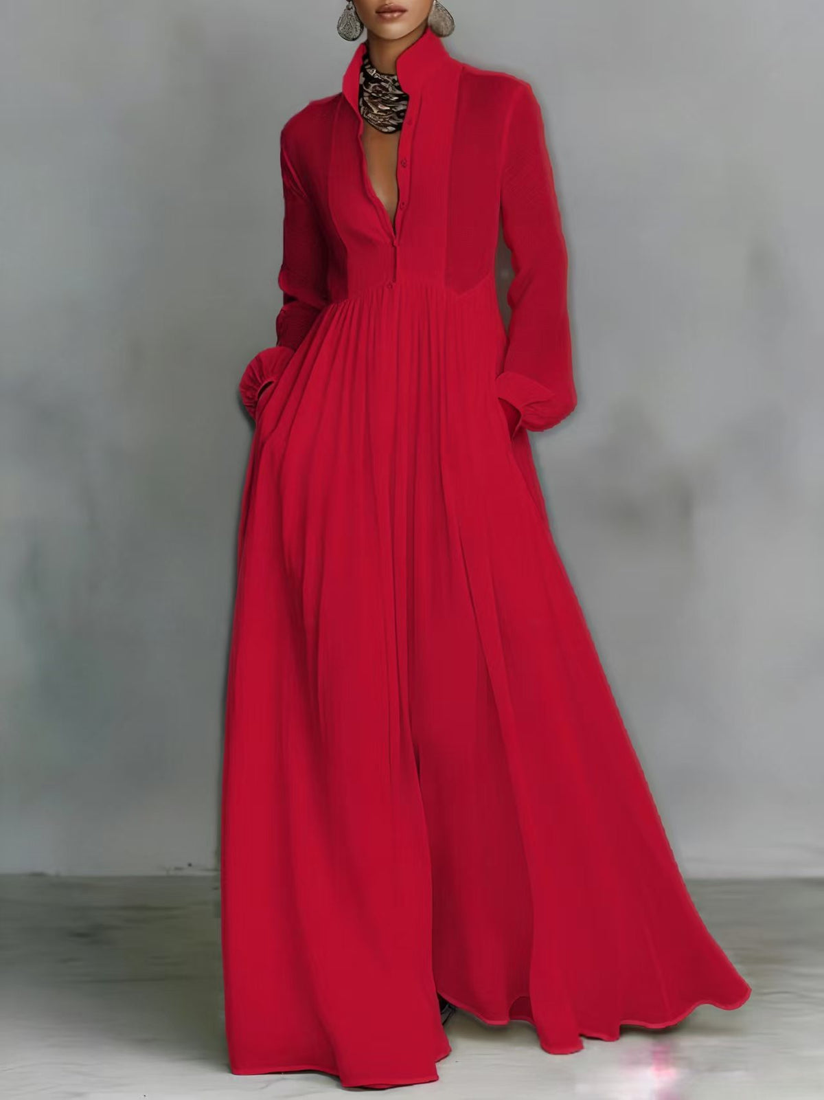 Women’s Elegant Button Down Maxi Dress Long Sleeve Flowy