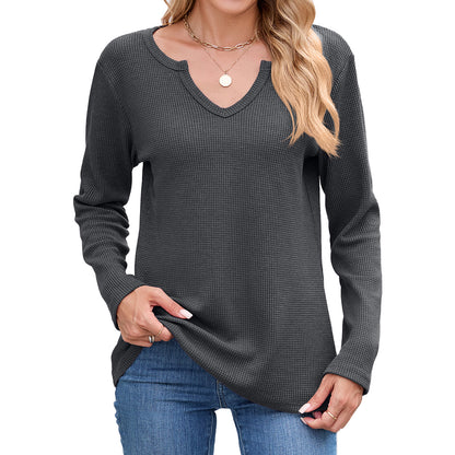 Women's Waffle Knit V-Neck Long Sleeve Loose Fit Top