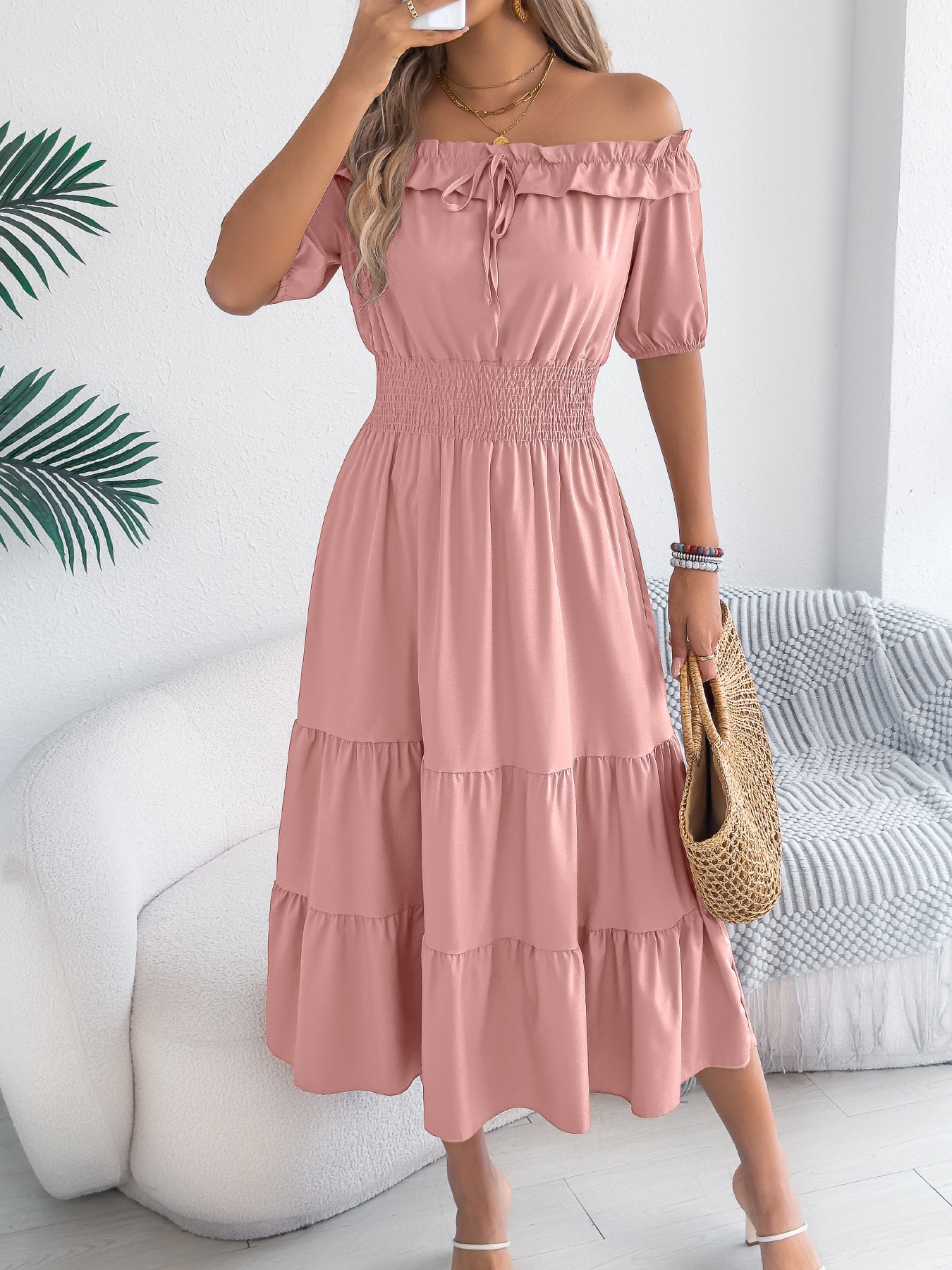 Off Shoulder Smocked Waist Maxi Dress Ruffle Sleeve