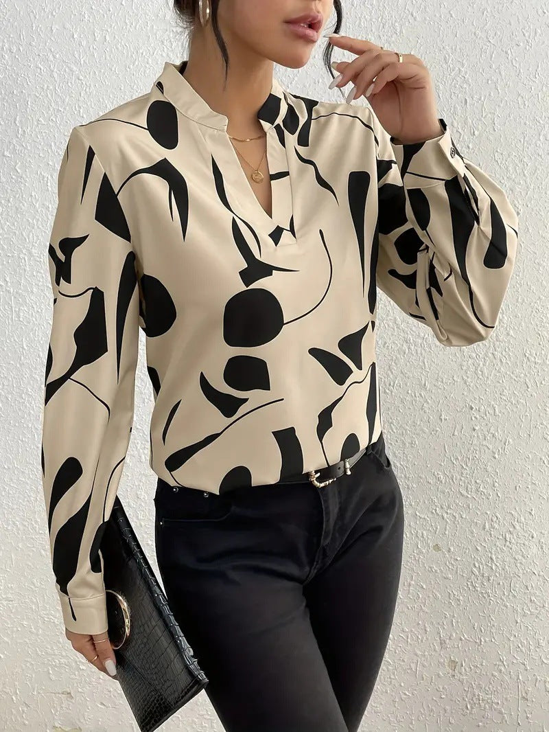 Women's Geometric V Neck Long Sleeve Casual Loose Blouse