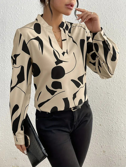 Women's Geometric V Neck Long Sleeve Casual Loose Blouse