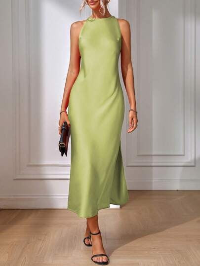 Sleeveless Satin Maxi Dress Side Slit Bodycon Cocktail
