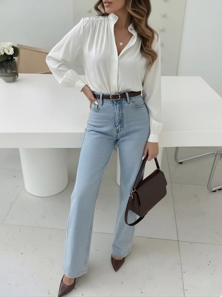Women's Satin Puff Sleeve Blouse Mandarin Collar Top