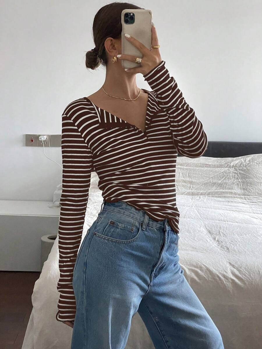 Striped thermal Henley top long sleeve fitted style