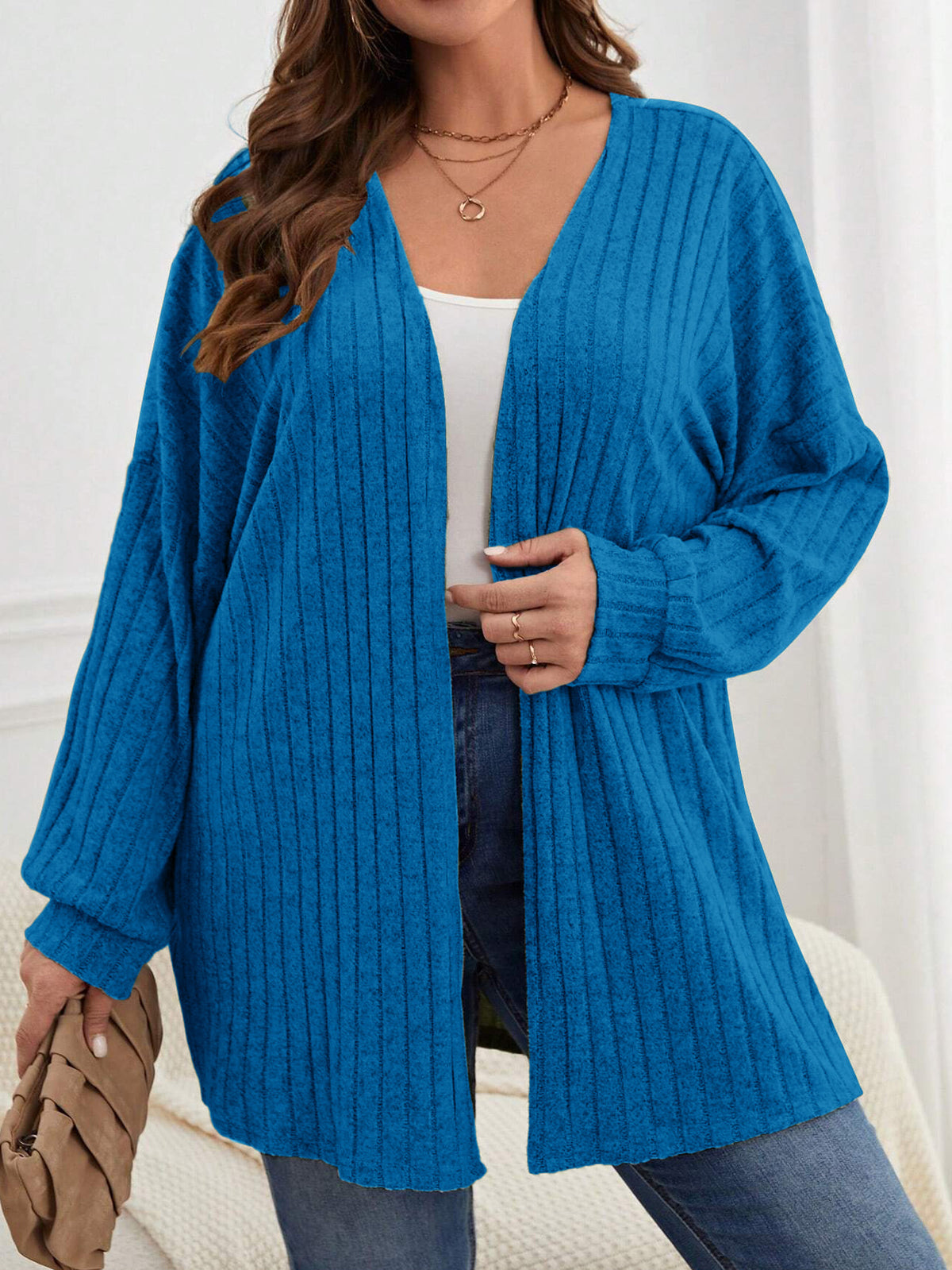 Women's Open Front Ribbed Knit Long Sleeve Cardigan