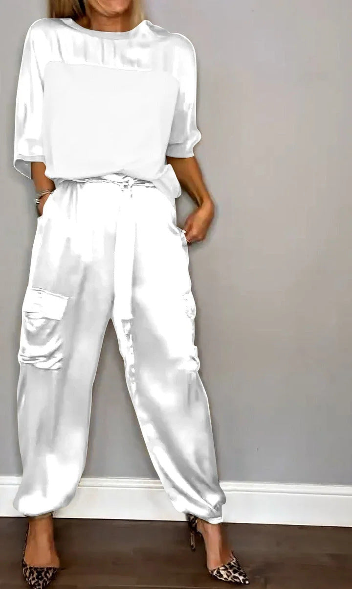 Women's Satin Two-Piece Jogger Set Short Sleeve Pockets