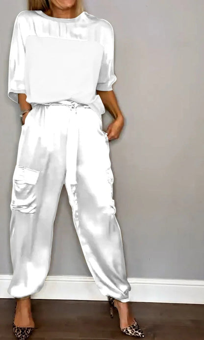 Women's Satin Two-Piece Jogger Set Short Sleeve Pockets
