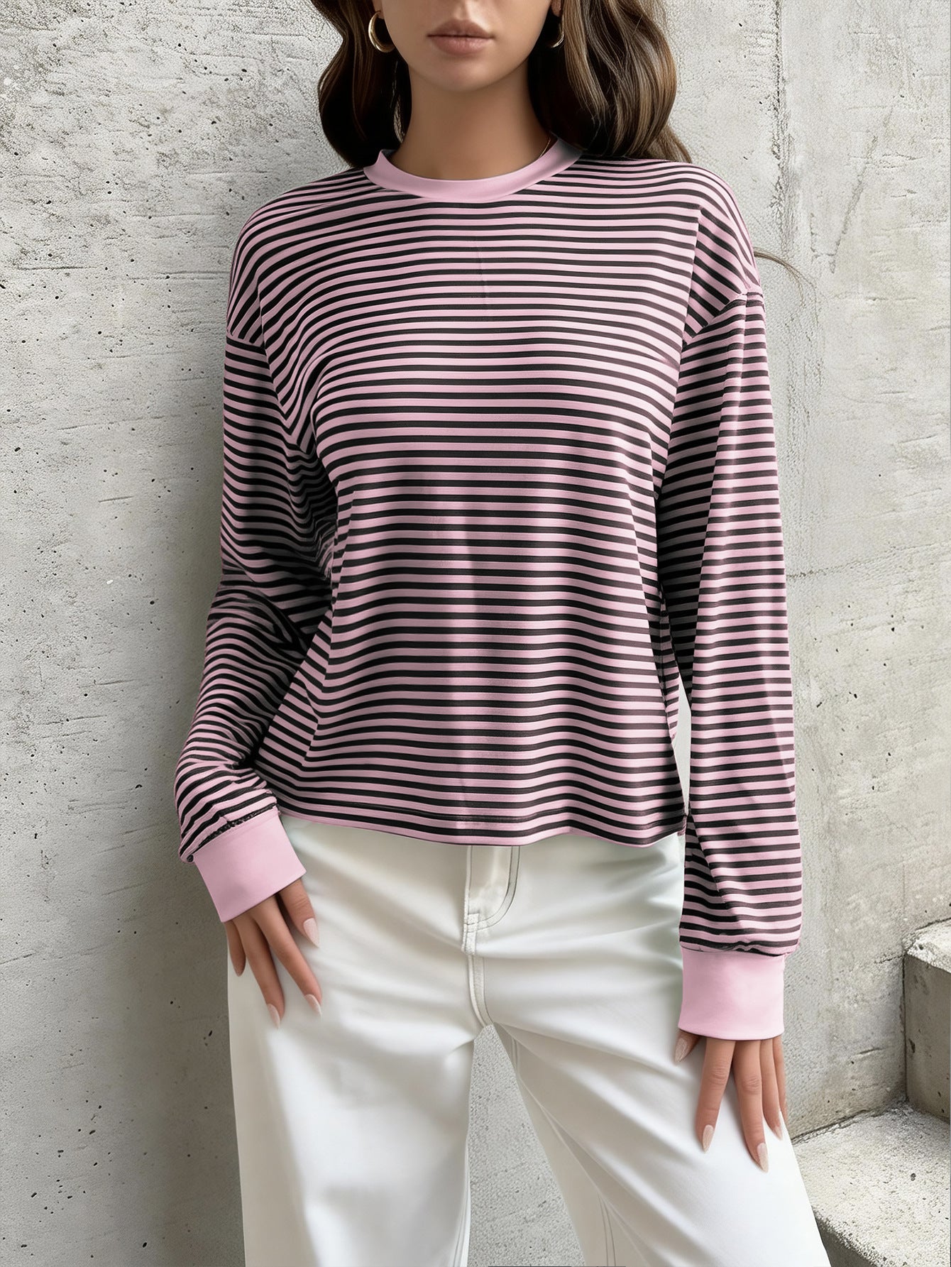 Pink Black Striped Long Sleeve Crew Neck Casual Tee
