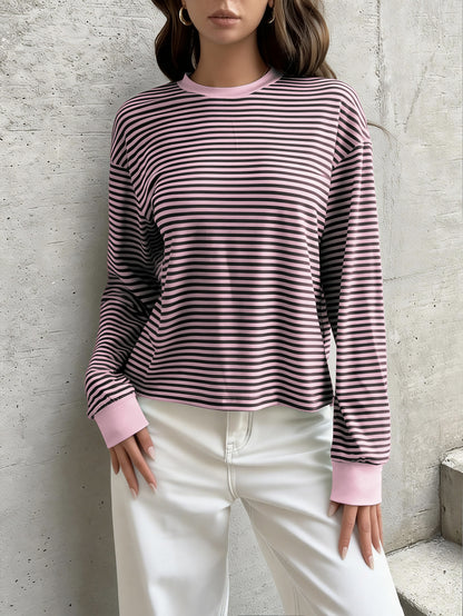 Pink Black Striped Long Sleeve Crew Neck Casual Tee