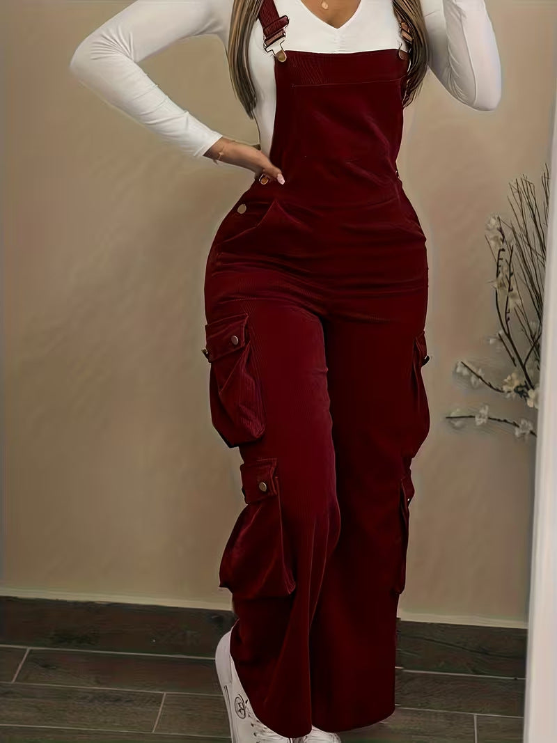 Women's Corduroy Cargo Overalls High Waist Jumpsuit