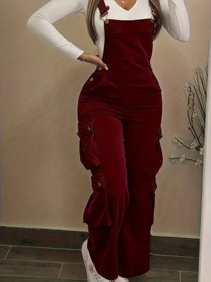 Women's Corduroy Cargo Overalls High Waist Jumpsuit
