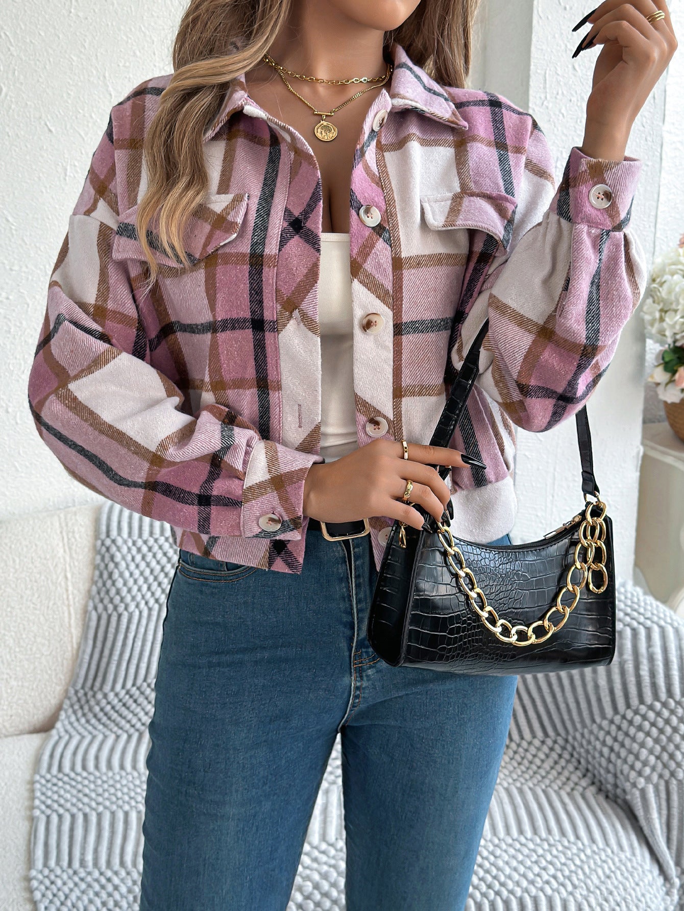 Plaid Button Front Long Sleeve Casual Jacket Coat