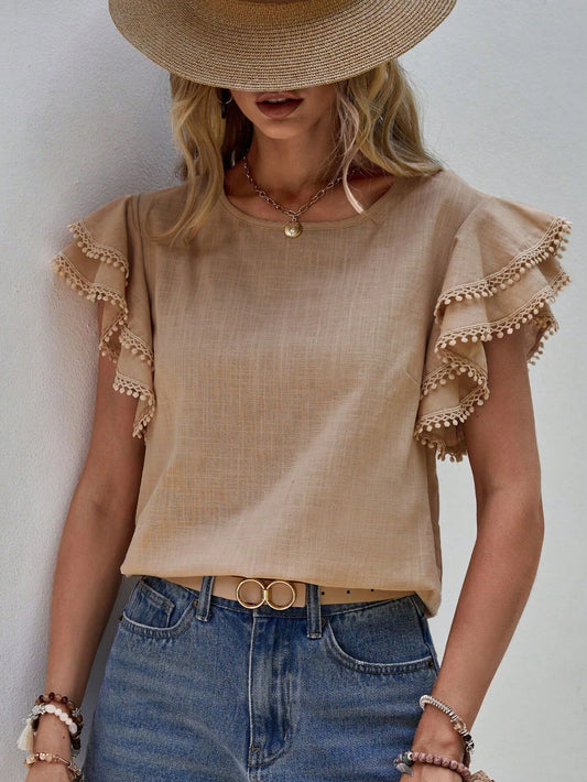 Solid Linen Look Ruffle Sleeve Boho Summer Top