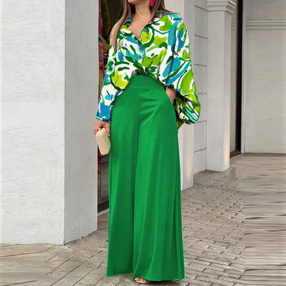 Women's Printed Blouse Wide Leg Pant 2 Piece Set