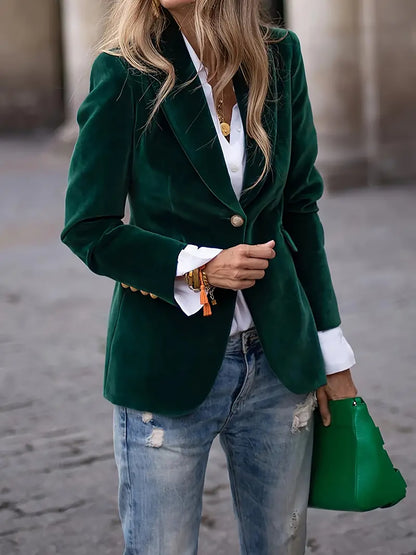 Women's Fitted Velvet Blazer Single Button Suit Jacket
