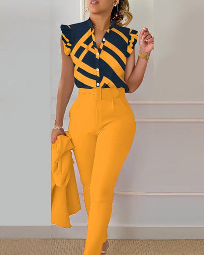 Floral Ruffle Sleeve Top & Belted Pants Two Piece Set