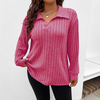Plus Size Ribbed Long Sleeve Collared V-Neck Tunic Top