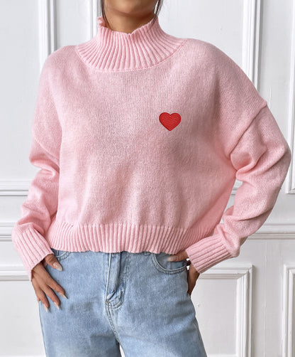 Women's Turtleneck Short Love Sticker Casual Bottoming Shirt