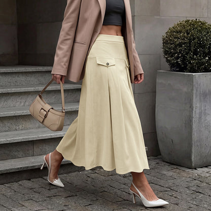 Women's Corduroy High Waist Pleated A-Line Midi Work Skirt