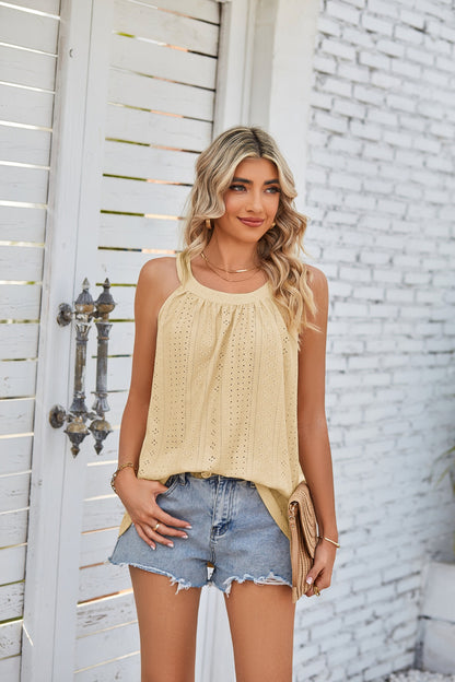 Loose Fit Round Neck Pleated Sleeveless Vest T-Shirt