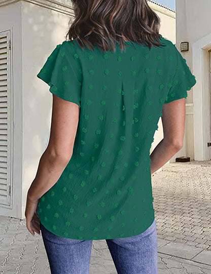 Women's V-Neck Pleated Sleeve Top with Pom Poms - Perfect for Summer