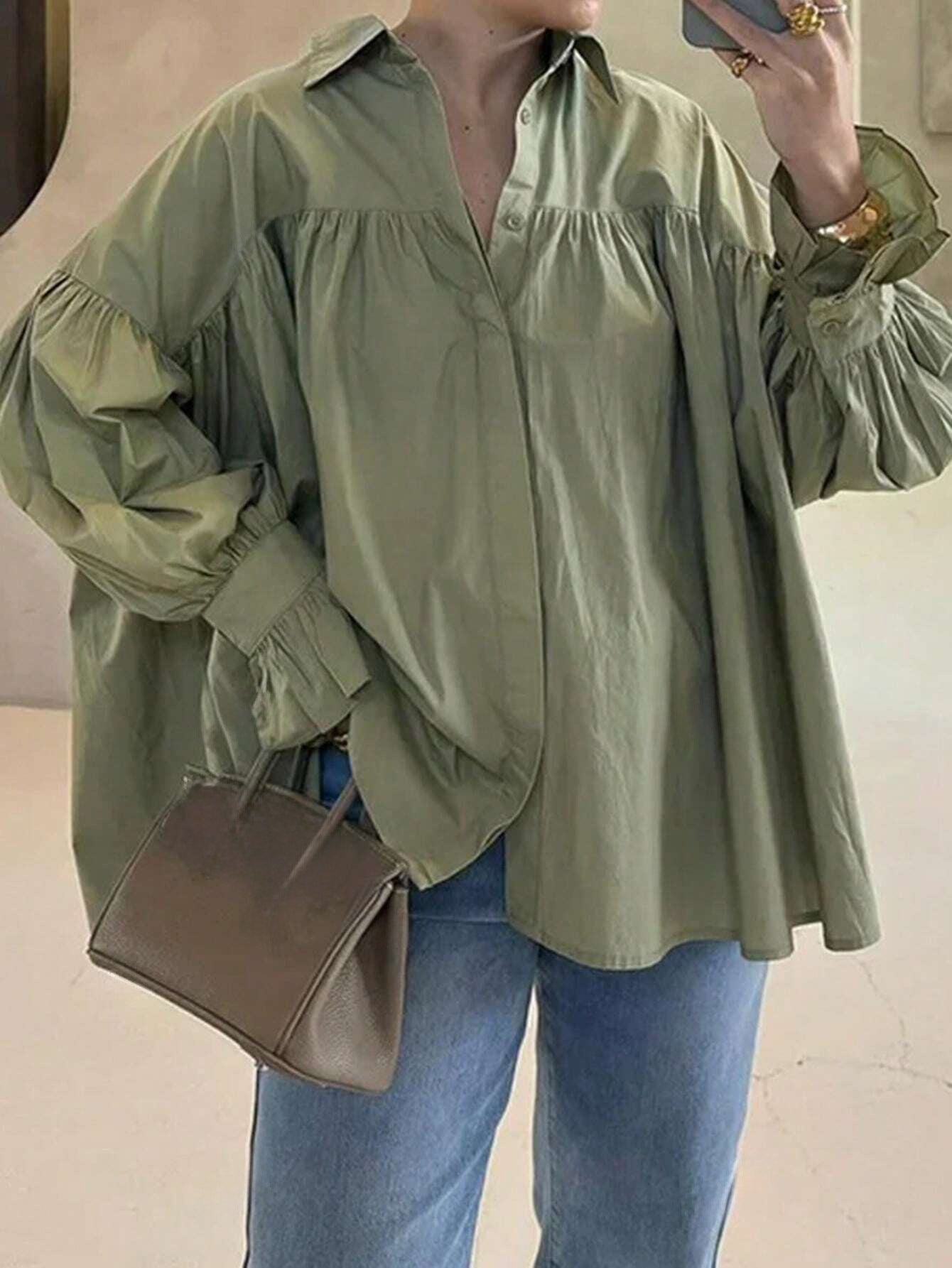 Oversized Puff Sleeve Button Down Shirt Relaxed Casual Blouse