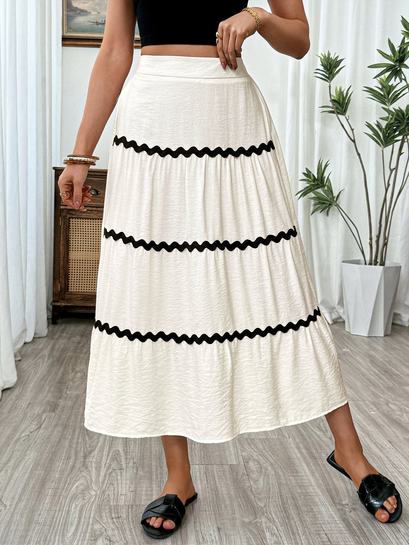 Elastic Waist Tiered Midi Skirt Color Block Boho Casual Flowy