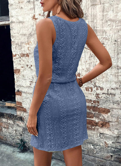 White Square Neck Drawstring Sleeveless Lace Dress