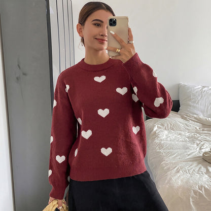 Heart Jacquard Knit Crew Neck Oversized Sweater