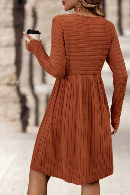 Women's Long Sleeve Ribbed A-Line Midi Dress