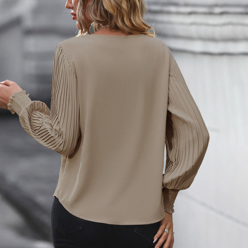 Solid V Neck Blouse Pleated Lantern Sleeve Work Top