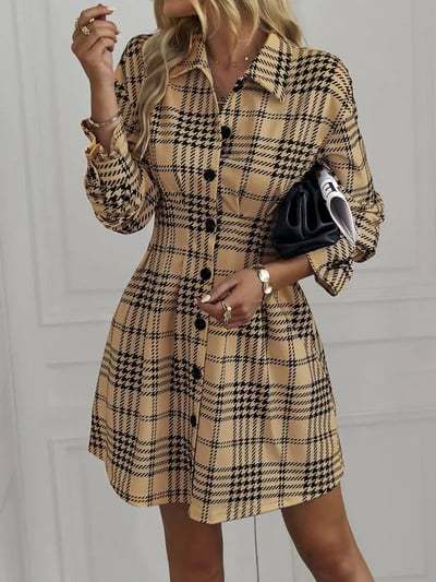 Plaid Button Front Mini Shirt Dress Long Sleeve
