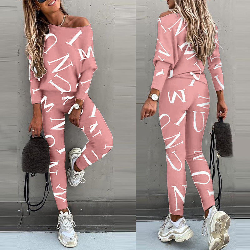 Women Off Shoulder Letter Print Lounge Set Two Piece