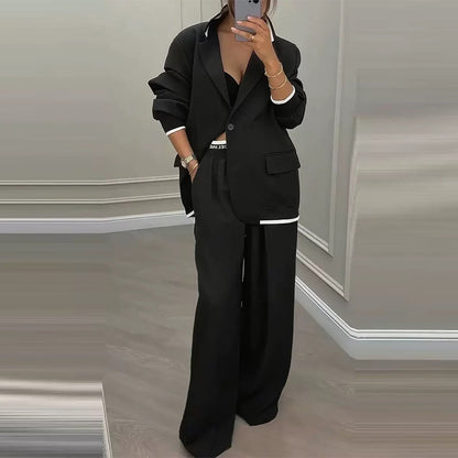 Women Business Casual Blazer Wide Leg Pants Two Piece Set