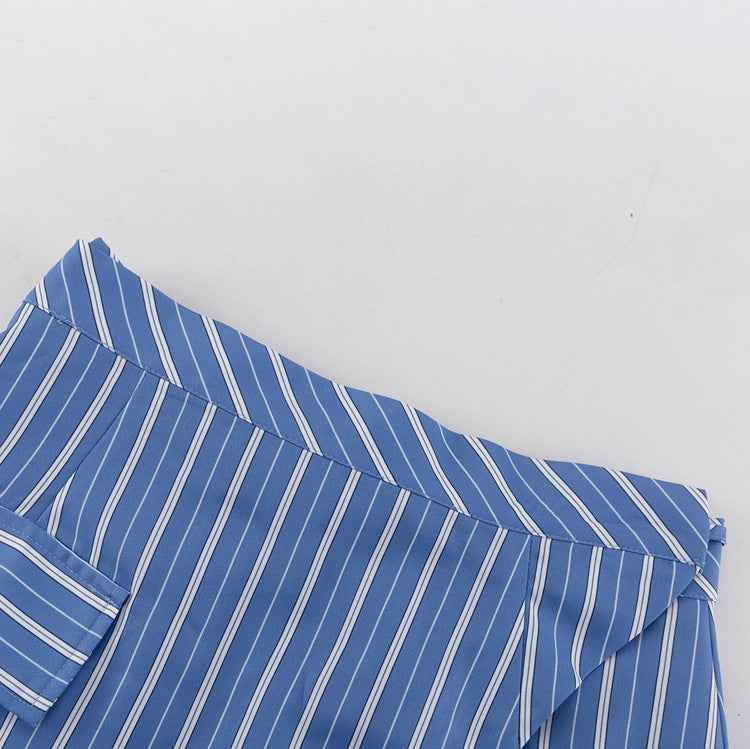 Blue Striped Button Down Shirt and Mini Skirt Set