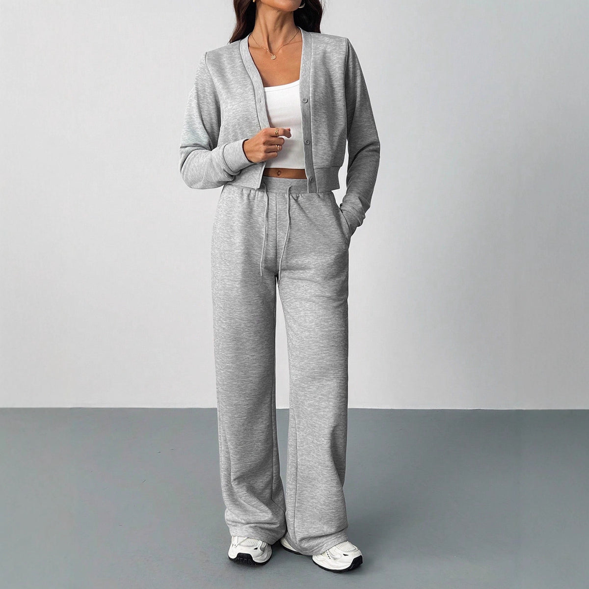 Womens Matching Set Crop Cardigan Wide Leg Sweatpants