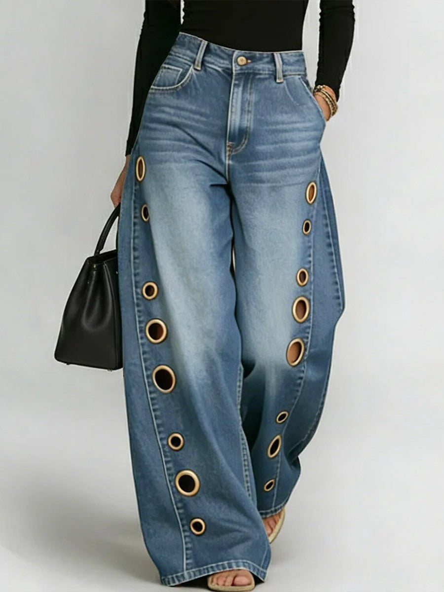 Vintage Wash Metal Eyelet Baggy Wide Leg Cut Out Jeans
